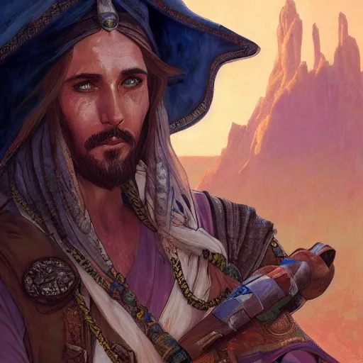 Image similar to Emeth the elven desert bandit. Arabian style. Epic portrait by james gurney and Alfonso mucha (lotr, witcher 3, dnd, dragon age, gladiator, scoia'tael). Trending on artstationHQ.