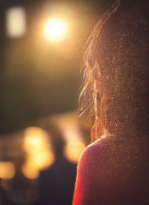 Image similar to a 2 8 mm macro photo from the back of a woman watching a parade, splash art, movie still, bokeh, canon 5 0 mm, cinematic lighting, dramatic, film, photography, golden hour, depth of field, award - winning, anamorphic lens flare, 8 k, hyper detailed, 3 5 mm film grain