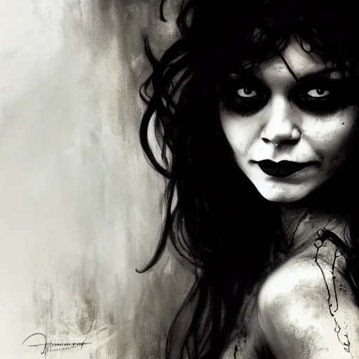 Image similar to beautiful portrait of vanessa hudgens as death from sandman, smiling, by cedric peyravernay, alphonse mucha, by jeremy mann, by lecouffe deharme, goth chic, soft lightning, eyeliner, punk rock, high detailed, 8 k