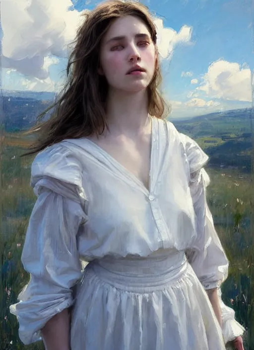 Image similar to portrait of girl dressed in white clothes , countryside, fantasy character portrait, dynamic pose, above view, view from above, sunny day, thunder clouds in the sky, artwork by Jeremy Lipkin and Giuseppe Dangelico Pino and Michael Garmash and rob rey, very coherent symmetrical artwork, perfect face, simple form, 100mm