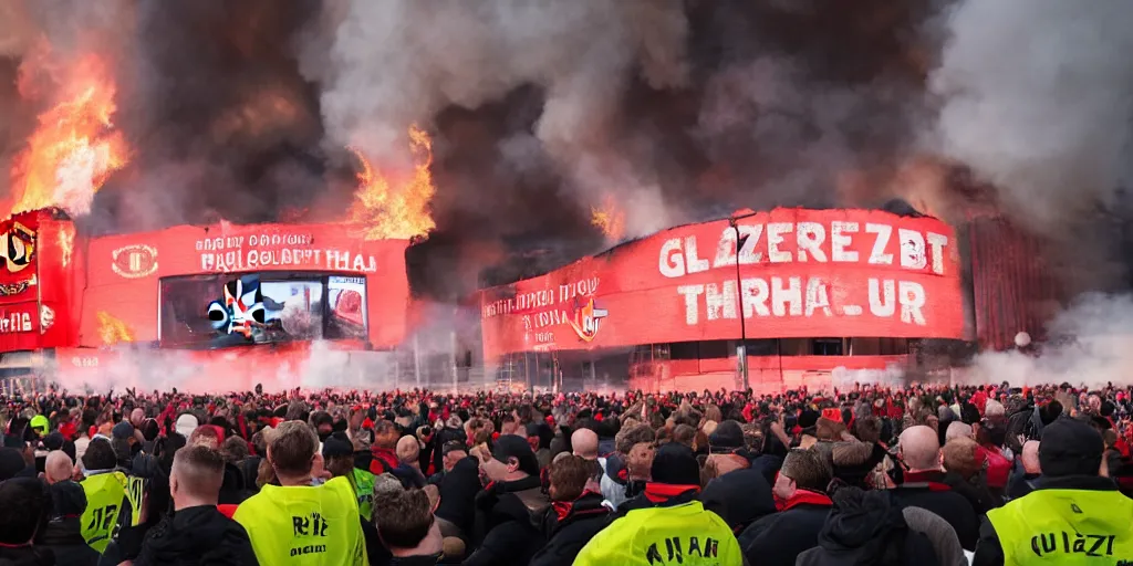 Image similar to old trafford theatre of dreams on fire during protest against the glazers, # glazersout, chaos, protest, banners, placards, burning, pure evil, 8 k, by stephen king, wide angle lens, 1 6 - 3 5 mm, symmetry, cinematic lighting