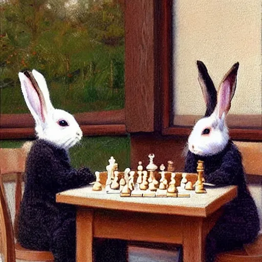 Image similar to two rabbits drinking tea and playing chess. Painting of rabbits in sweaters by James Gurney.