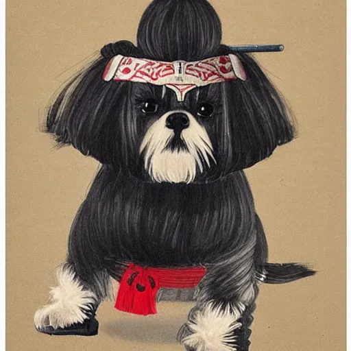 Prompt: Maltese shih tzu samurai warrior. Traditional Japanese art.