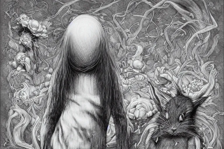 Image similar to Keeping you sane, And you fade away just enough, You felt the edge again, You took two pills And you fell asleep, Hugging six rabbits And having pink nightmares, concept art, trade on artstation, sharp focus, psychedelic, by Yoshitaka Amano, Mark Ryden, Zdzisław Beksiński, Gloom, Peter Mohrbacher, fantasy art, masterpiece, Hyperrealism. Subsurface scattering. Octane Render. Weirdcore