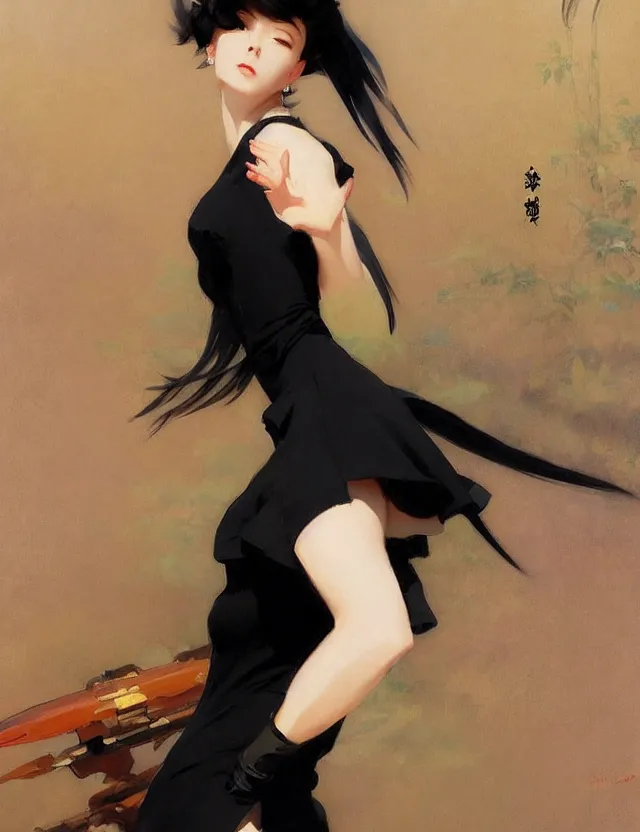 Prompt: savvy — today at 4 : 0 2 pm beautiful anime woman in tight black dress with high slit, krenz cushart, mucha, by joaquin sorolla rhads leyendecker, by ohara koson