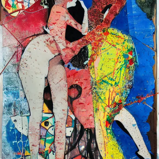 Image similar to two women kissing at a carnival, mixed media collage, futuristic, paper collage, magazine collage, acrylic paint splatters, bauhaus, claymation, layered paper art, sapphic visual poetry expressing the utmost of desires by jackson pollock