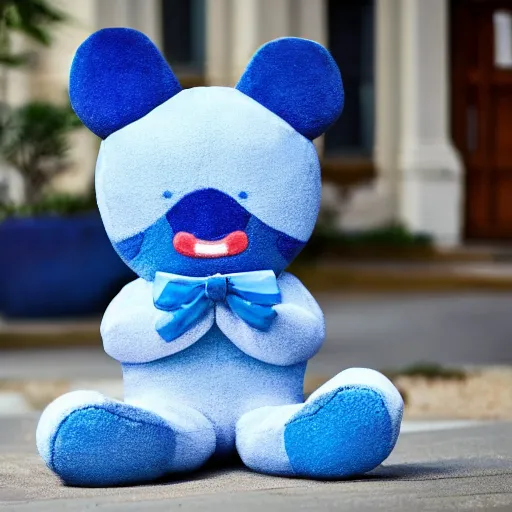 Image similar to blue'snappy gifts'human - sized plush doll, on sidewalk, holding gift, happy atmosphere, high detail, soft lighting, 8 k