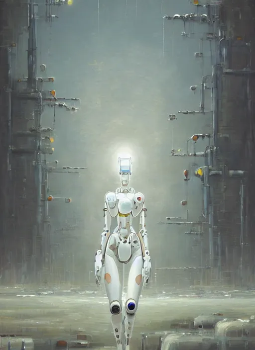 Image similar to an intricate oil painting of a giant pristine white humanoid feminine figure mecha with rounded components by simon stalenhag, inspired by nier : automata, clean white lab background