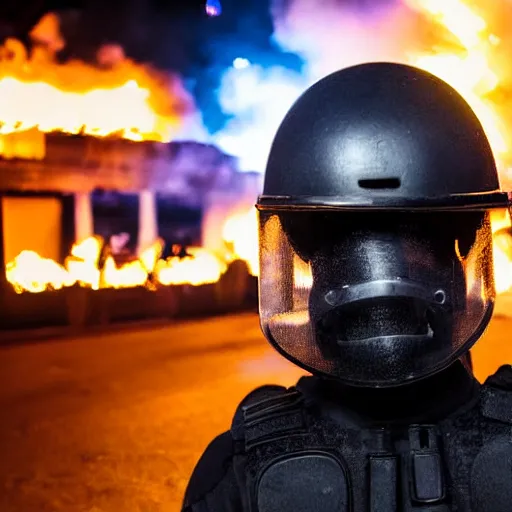 Prompt: portrait of a anti-riot policeman on fire , front, centered, riot background, at night, mid shot , editorial photography