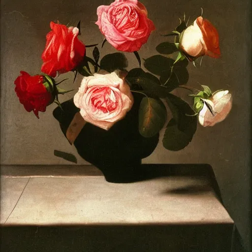 Prompt: roses wrapped in plastic painted by velazquez,