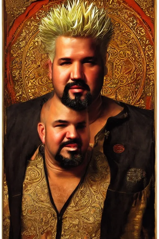 Prompt: guy fieri, orientalist intricate portrait by john william waterhouse and edwin longsden long and theodore ralli and nasreddine dinet, hyper realism, dramatic lighting