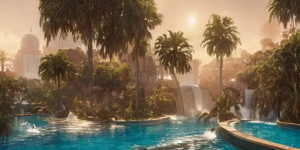 Image similar to beautiful pool waterfalls surrounded by palm trees, moroccan tile archways, industrial buildings, ivory towers, sun setting, ross tran, fantasy, james jean, peter morbacher, angelarium, alchemy, luxury, heavenly light, soft illumination, trending on artstation, cinematic lighting, digital painting, octane render, artgerm