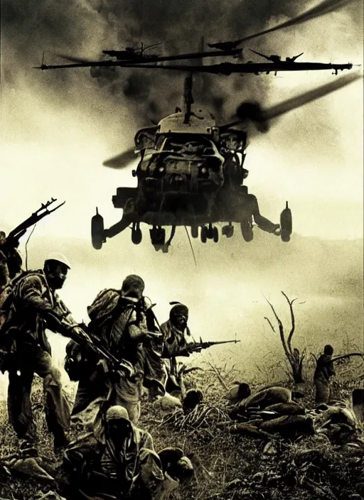 Image similar to new poster creative art for apocalypse now, martin sheen, vietnam war, soldier, river, trees, helicopters