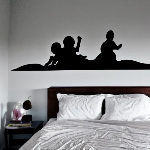 Image similar to silhouette of person at the edge of bed, children's room, eerie