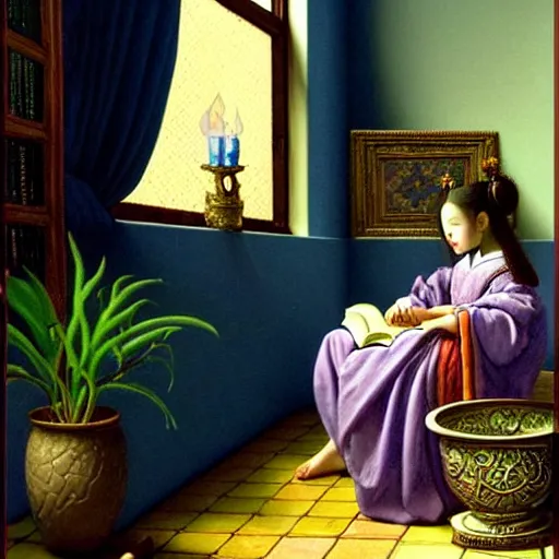 Prompt: a highly detailed fantasy pastel oil painting of a young wizard in ornate clothing lounging on a purpur pillow on the marble floor in front of her bookcase, studying an ancient tome. to the side is a potted plant and some blue candles. ancient oriental fantasy setting. in the style vermeer, yoshitaka amano and mark tedin