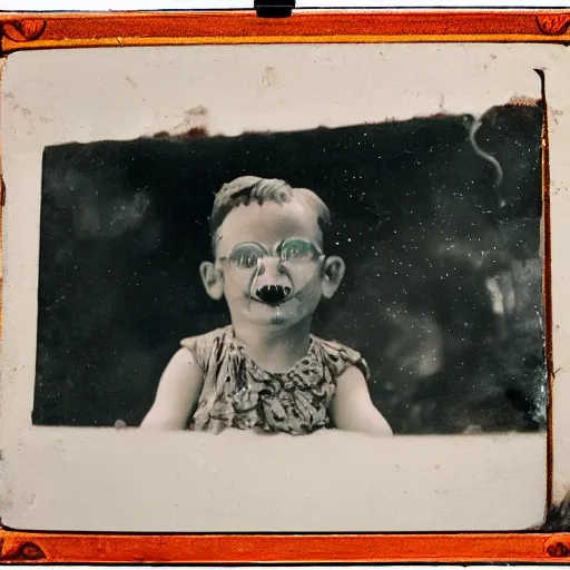 Image similar to tintype photo, swimming deep underwater, kid with huge clown