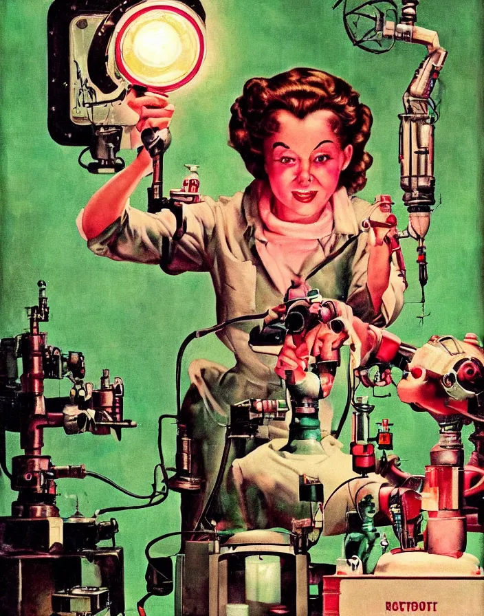 Prompt: a female mad scientist building a retro robotic!!! man!!!, in a darkly lit laboratory room, 1 9 5 0 s horror film movie poster style, ( norman rockwell oil painting ), retro science fiction, vintage, saturated pink and green lighting, shadowy lighting