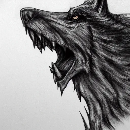 Image similar to giant armored war wolf howling to the sky, grayscale, hyperrealistic pencil sketch, cinematic, trending on artstation