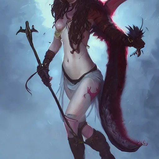 Image similar to cute Whimsical Tiefling Druid with devil tail D&D, fantasy, full body portrait, highly detailed, digital painting, artstation, concept art, sharp focus, illustration, art by greg rutkowski and alphonse mucha