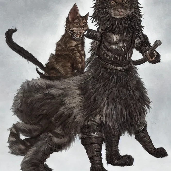 Image similar to khajit tabaxi catfolk humanoid cloaked in shadow and wearing leather armor with maine coon features black fur holding two shortswords, dungeons and dragons, pure white background, fantasy, tarot card style, half body portrait, high detail, hyper realistic