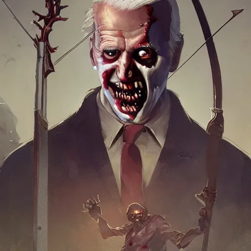 Image similar to zombie joe biden with a bow and arrow geog darrow greg rutkowski