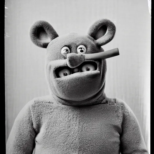 Prompt: Vintage Mugshot photo of a Psychopathic Teletubby with a creepy grin, horror, monochrome, damaged