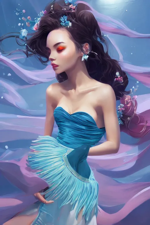 Image similar to a beautiful fashion goddness of love, chic strapless dress, tropical sea background, character design, in the style of artgerm, and wlop, cinematic lighting, hyperdetailed, 8 k realistic, symmetrical, global illumination, radiant light, frostbite 3 engine, cryengine, dof, trending on artstation, digital art