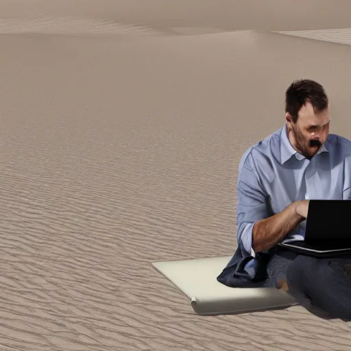 Prompt: a man with a laptop in the sandhill windy, photorealistic, 4 k