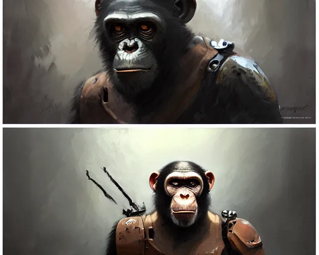 Image similar to oil painting of a chimpanzee as a doomguy, elegant, detailed, fantasy, hd shot, digital portrait, beautiful, artstation, comic style, unreal engine, by artgerm, guy denning, jakub rozalski, magali villeneuve and charlie bowater