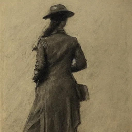 Image similar to ww 1 action heroine by alfred stevens in charcoal