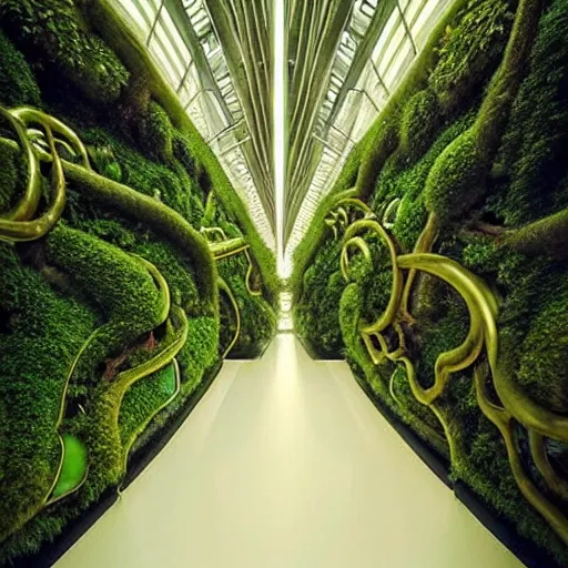 Prompt: a dream about opulent, abandoned overgrown futuristic base on Mars designed by Zaha Hadid, lush plants growing through the glossy floors and walls, walls are covered with moss and vines, beautiful, dusty, golden volumetric light shines through, golden rays fill the space with warmth, rich with epic details, dreamy atmosphere and drama