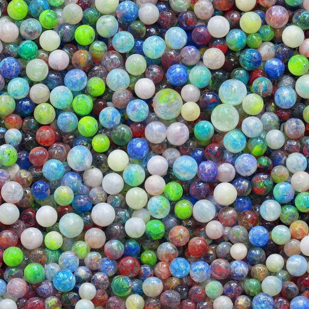 Image similar to 20 marbles big and small covered in thick transparent slime