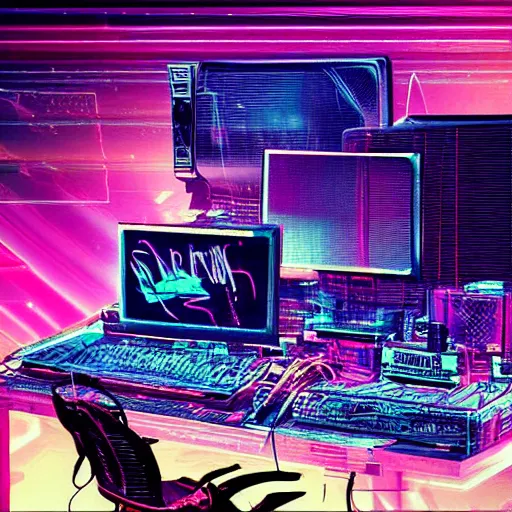 Image similar to debris of broken computer screens, synthwave, retrowave