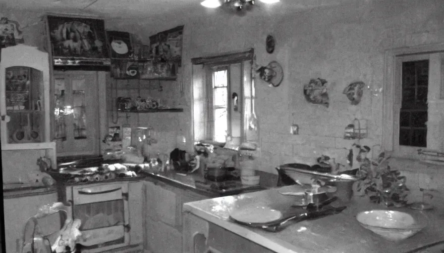 Prompt: a gigantic snake in a stalinist style kitchen, by mini dv camera, very very low quality, heavy grain, very blurry, accidental flash, webcam footage, found footage, security cam, caught on trail cam
