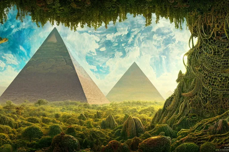 Prompt: a beautiful and highly detailed digital painting of an alien pyramid made of stone in the distance, a lush forest on an alien planet, psychedelic patterns, psychedelic plants and trees, intricate details, epic scale, 8 k, sharp focus, photorealism, artstation, cgsociety, by caspar friedrich, albert bierstadt, james gurney, alex grey, brian froud,