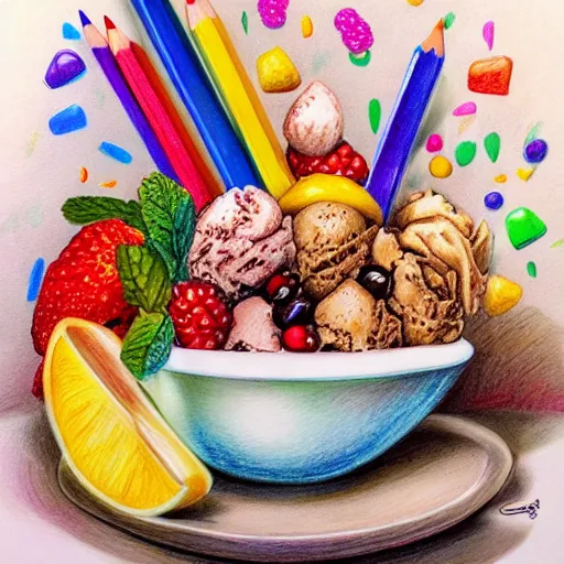 Image similar to Colored pencil art on paper, Ice Cream Fudge Sundae in a bowl with fruit toppings, highly detailed, artstation, MasterPiece, Award-Winning, Caran d'Ache Luminance