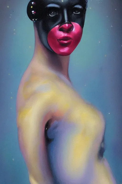 Image similar to hyperrealism oil painting, close - up portrait of commedia dell'arte fashion woman model, gradient mixed with nebula sky, in style of baroque