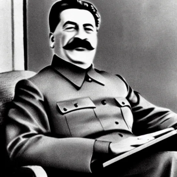 Image similar to stalin sits in front of a laptop, watching it and showing thumbs up on his left hand