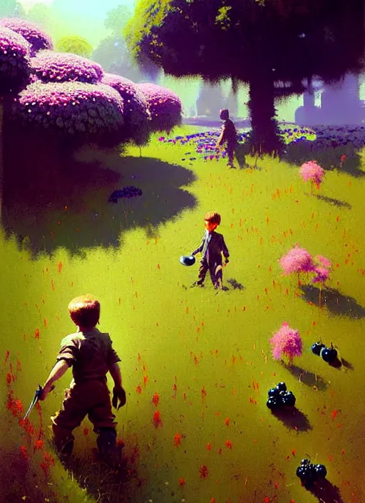 Prompt: surreal painting by craig mullins and greg rutkowski, garden flowers + blueberries + long grass + garden dwarfs!!!, 7 0's vintage sci - fi flat design, cinematic