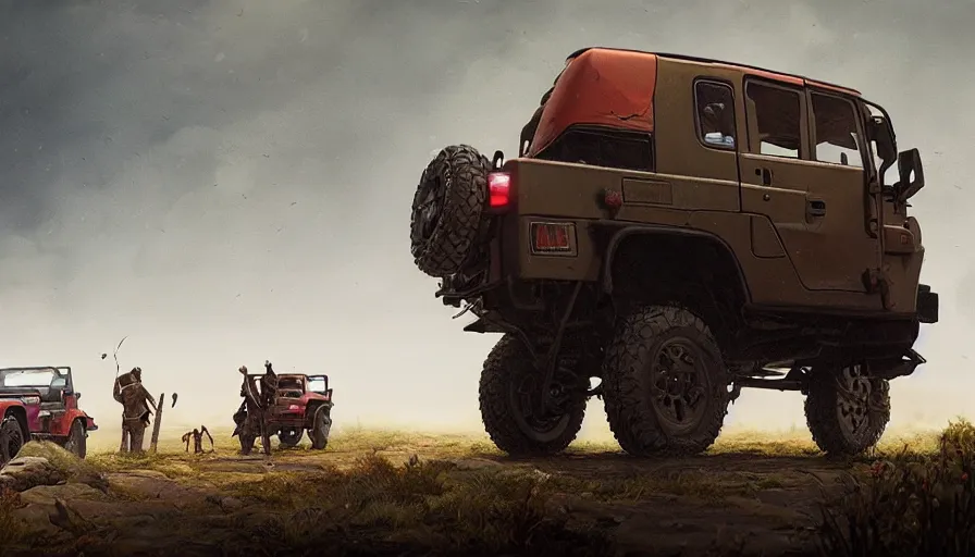 Image similar to Mahindra thar, tribe members watching nearby, an epic fantasy, dramatic lighting, cinematic, establishing shot, extremely high detail, photorealistic, cinematic lighting, artstation, by simon stalenhag, horizon forbidden west