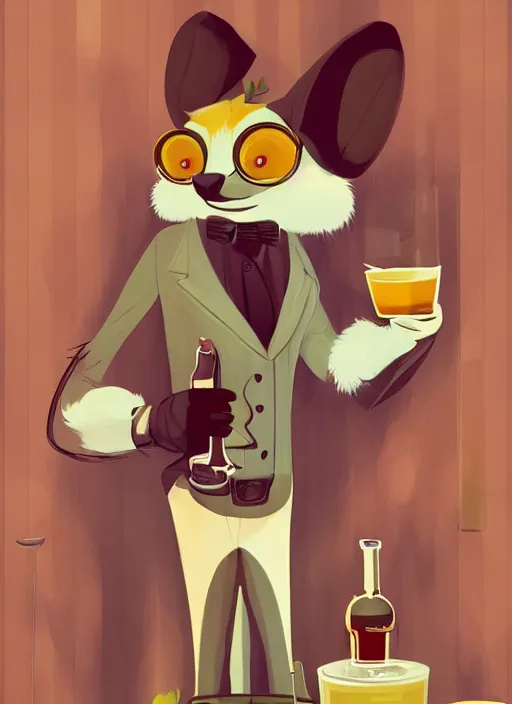 Image similar to squirrel anthro as a dapper bartender with a big fluffy tail, retro futurism, art deco, detailed painterly digital art by Cory Loftis, 🐿🍸🍋, furaffinity, trending on artstation