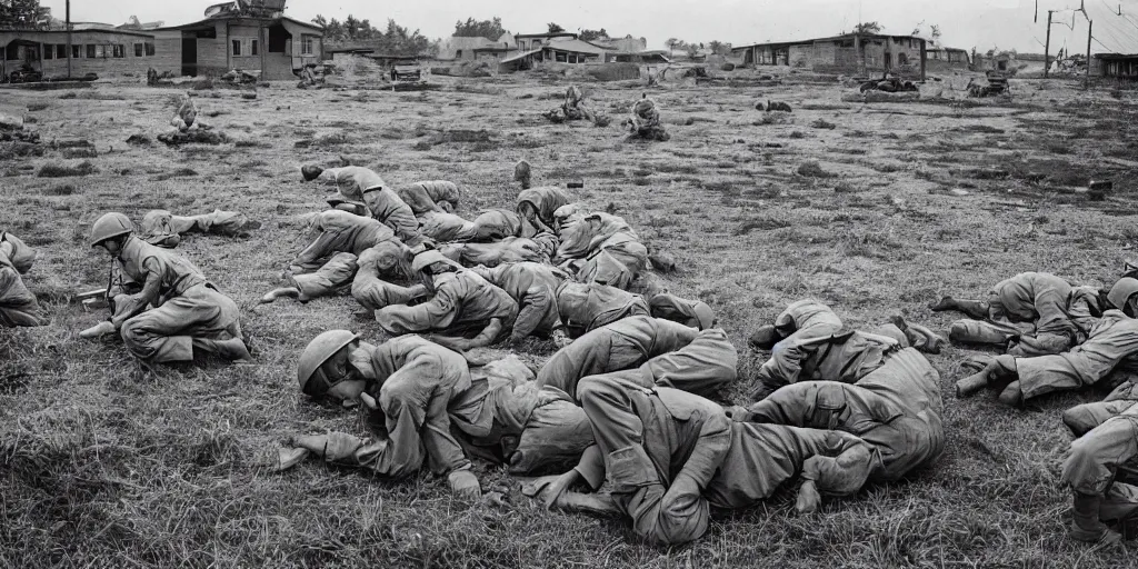 Image similar to detailed sharp photograph in the style of popular science circa 1 9 5 5 and gregory crewdson of a 1 9 5 0 s of a platoon of soldiers on base in korean war