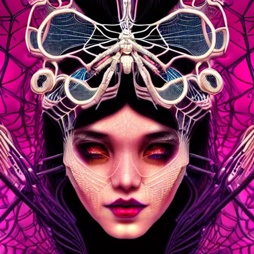 Image similar to high quality, high detailed portrait of a spider queen, a cyberpunk character in a retro - futuristic world, white porcelain translucent skin. hyperrealism, intricate details, cables, wires. connectors led. tristan eaton, victo ngai, artgerm, rhads, ross draws, alphonse mucha, pastel colors, vintage, artstation, vector gradient. 8 k