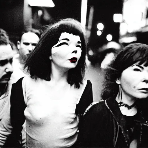 Prompt: Street photography, Bjork, a close up of several people leaving a seedy nightclub at 5am, they are smoking, someone is screaming, Kabuki makeup, Kodachrome