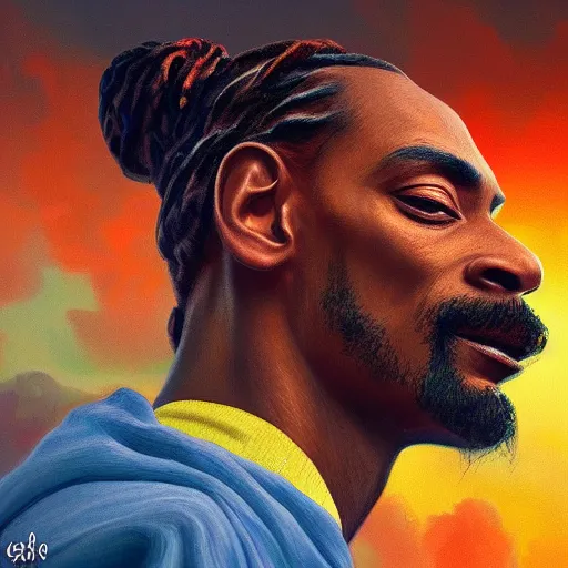 Image similar to a colossal god snoop dog is smoking the clouds, highly detailed, digital painting, artstation, octane render, matte, sharp focus, impressionist painting