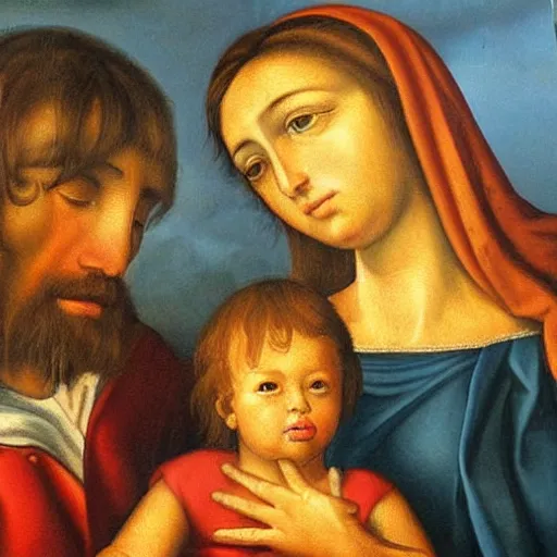 Image similar to a very detailed oil painting of the Holy Family, very detailed faces, by Andrea Vaccaro