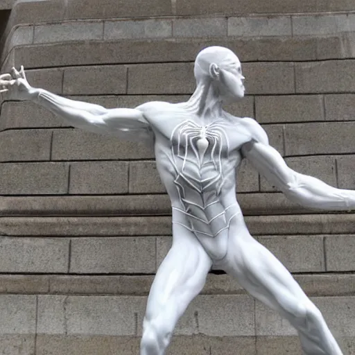 Prompt: spiderman greek marble statue, spiderman pose, marble statue, art gallery, white, statue, highly detailed