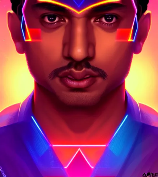 Image similar to symmetry!! indian prince of technology, solid cube of light, hard edges, product render retro - futuristic poster scifi, lasers and neon circuits, brown skin handsome indian prince, intricate, elegant, highly detailed, digital painting, artstation, concept art, smooth, sharp focus, illustration, dreamlike, art by artgerm