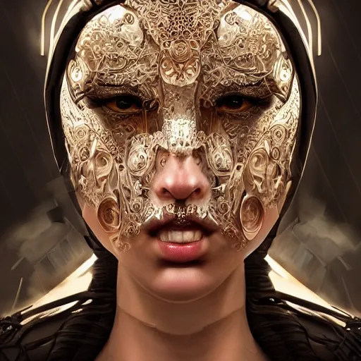 Image similar to Very very very very highly detailed epic photo of face with venetian mask, intricate, dystopian, sci-fi, extremely detailed, digital painting, artstation, concept art, smooth, sharp focus, illustration, intimidating lighting, incredible art by Artgerm