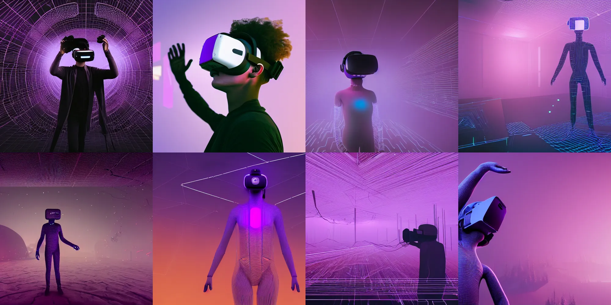 Prompt: beautiful dark landscape, purple wireframe person screaming wearing virtual reality goggles, in the style of beeple and Mike Winkelmann, photo real, ultra realistic, intricate, epic lighting, 8k resolution, unreal engine 5,